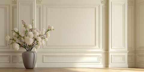 Classic beige interior with ornate molding and flower vase, luxury room corner, elegant wall details, warm natural light, refined background for design, selective focus, copy space
