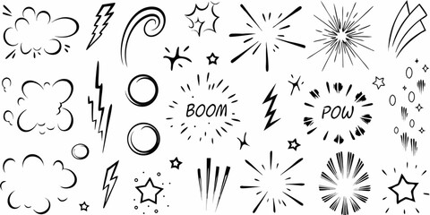 Black Hand Drawn Comic Style Explosions and Clouds on White vector illustration