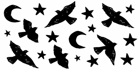 Black Silhouette Birds Flying with Moon and Stars Pattern vector illustration