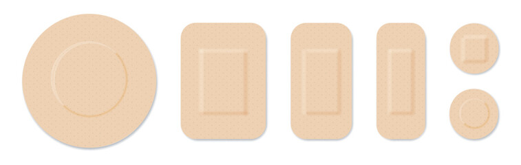 Medical plasters. Bandages set. Adhesive bandage for first aid for wounds operations and skin injuries. Protecting open wound from infection. Vector