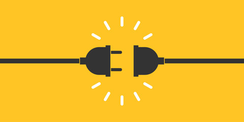 Electric socket and plug graphic icon. Electricity connection or disconnection sign isolated on yellow background. Vector illustration