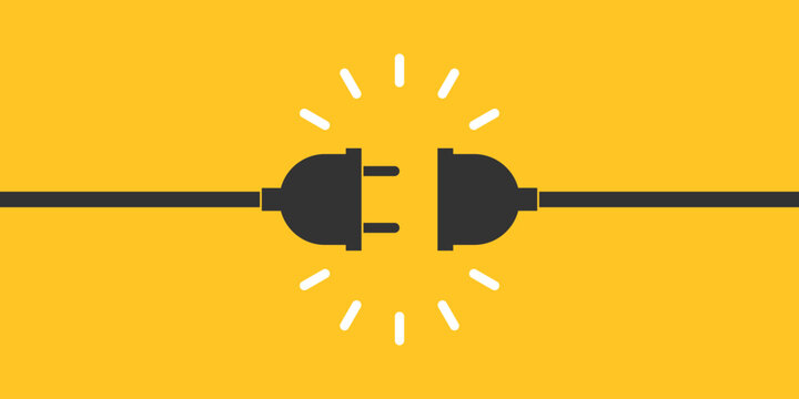 Electric socket and plug graphic icon. Electricity connection or disconnection sign isolated on yellow background. Vector illustration