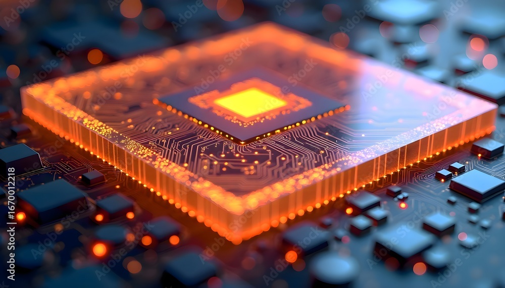 Poster close-up macro image of shining electronic circuit board, featuring components, connections, and tec