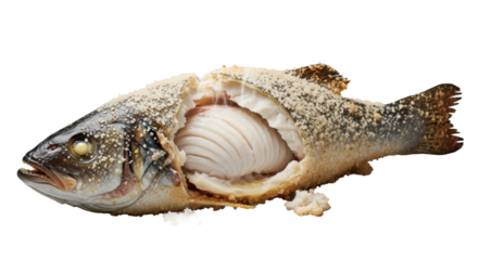 Perfectly baked, salt-crusted sea bass, crust fractured, revealing steaming, succulent, pearlescent white flesh with glistening juices on transparent, gourmet culinary masterpiece