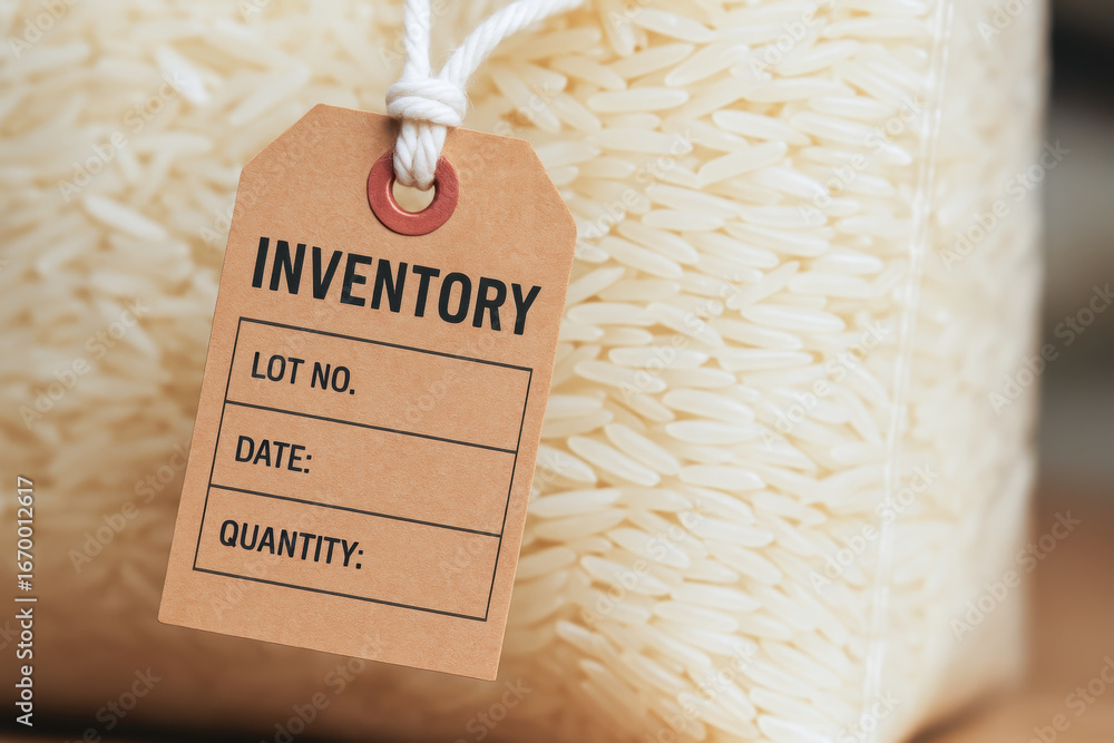 Poster inventory tag attached to bag of rice ready for mill production with quantity and date details for e