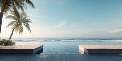Tropical ocean view with palm trees and wooden terrace, peaceful beach setting under blue sky, relaxing coastal scene ideal for backgrounds and mockups, selective focus, copy space
