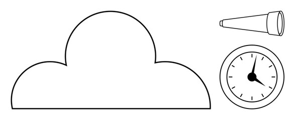 Cloud, telescope, and clock combine to symbolize digital storage, exploration, and time efficiency. Ideal for technology, exploration, data organization, time tracking future vision creativity
