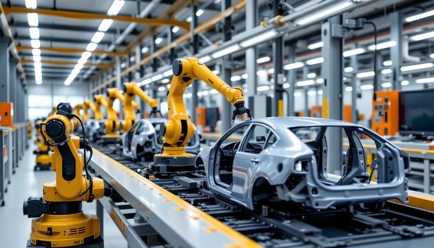 This image captures an industrial setting where robotic assembly lines are in operation