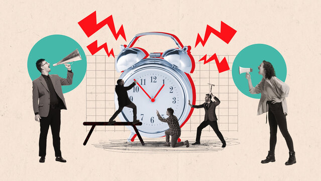 Modern collage. Business team with giant alarm clock symbolizing deadline pressure and time management. Concept of productivity, urgency, efficiency, teamwork, stress, and corporate responsibility.