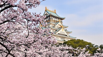 Osaka Castle with Cherry Blossoms in Full Bloom.
