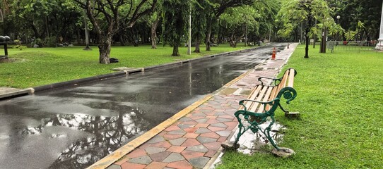 A park bench sits along a wet pathway after the rain, surrounded by lush greenery.