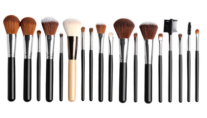 An isolated set of black makeup brushes on a white background