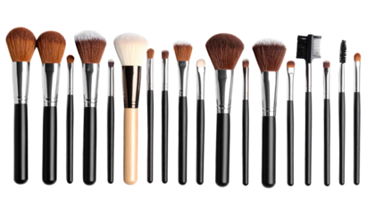 An isolated set of black makeup brushes on a white background