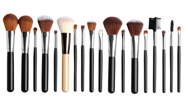 An isolated set of black makeup brushes on a white background