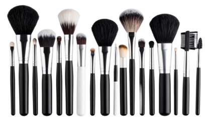 An isolated set of black makeup brushes on a white background