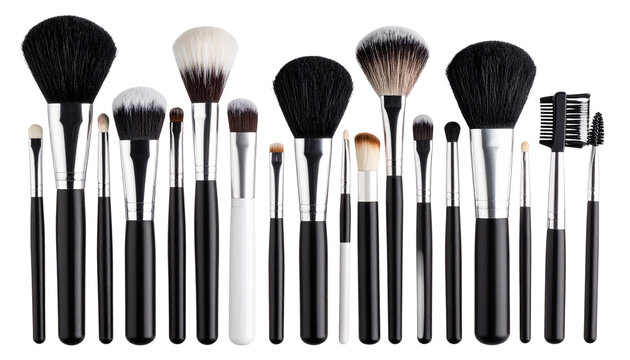 An isolated set of black makeup brushes on a white background