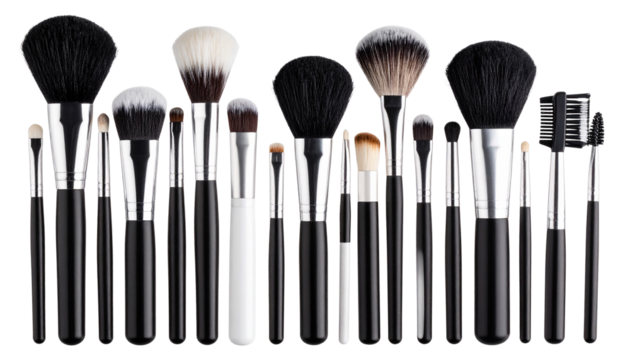 An isolated set of black makeup brushes on a white background