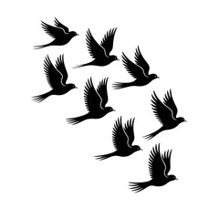 Elegant Line Art: Eight Birds in Flight, Dark Background, Serene Mood
