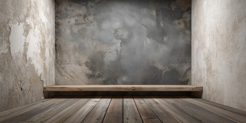 Rustic wooden platform and textured concrete wall, moody interior space with grunge look, dramatic lighting, perfect for dark-themed mockups or backgrounds, selective focus, copy space

