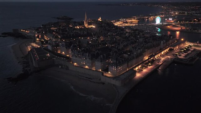 Full moon rising above Saint-Malo in Brittany France