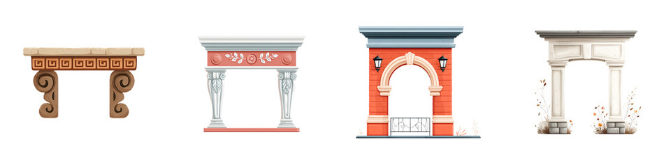 Fototapeta premium Set of Cartoon Arches and Entrances with Pillars and Ornaments Isolated on White Background. Decorative Architecture.
