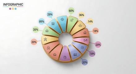 Modern 3D donut chart infographic template with colorful segments and percentage data points for business presentations.