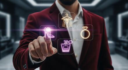 Elegant Man in Suit Interacting with Futuristic Digital Display Showcasing Luxury Fashion and Accessories with High Definition Visuals and Sophisticated Design Elements