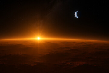 Fototapeta premium Cosmic Sunrise Over Planet Horizon with Crescent Moon in Space 