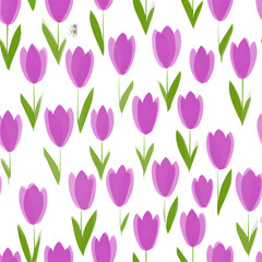Purple tulip pattern with green stems on white background. Spring floral design for greeting card or fabric print.