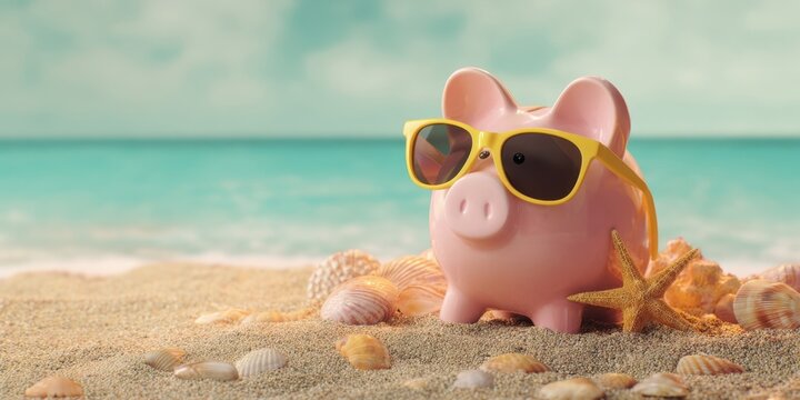 The Piggy Bank Wearing Sunglasses on a Sunny Beach with Seashells