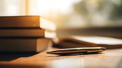 Premium ballpoint pen on warm oak desk in academic study environment with soft natural lighting and minimalist workspace. Educational concept for learning, studying and scholarly atmosphere.