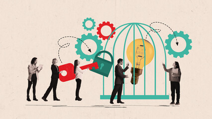 Creative collage. Business team unlocking lightbulb with key symbolizing creativity and innovation....