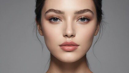 Close up portrait of a young woman with makeup and light skin tone on a gray background in a studio