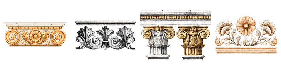 Set of Decorative Architectural Friezes and Capitals Isolated on White Background. Ornament, Design Element.