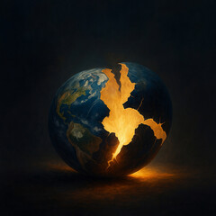 Globe with Cracks and Glowing Cross Fissure Representing Collapse
