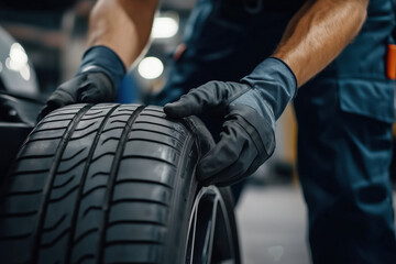 Mechanic fitting car tire with gloves in workshop