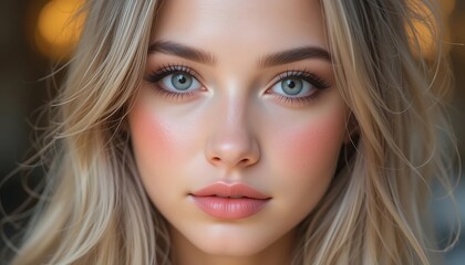 Fototapeta premium Close up portrait of a beautiful woman with blonde hair and blue eyes looking directly at the viewer