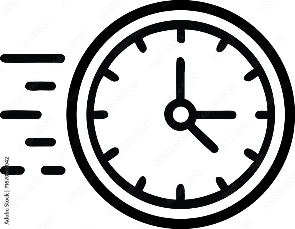 Poster a simple black and white line art icon depicting a clock with motion lines indicating speed and the 