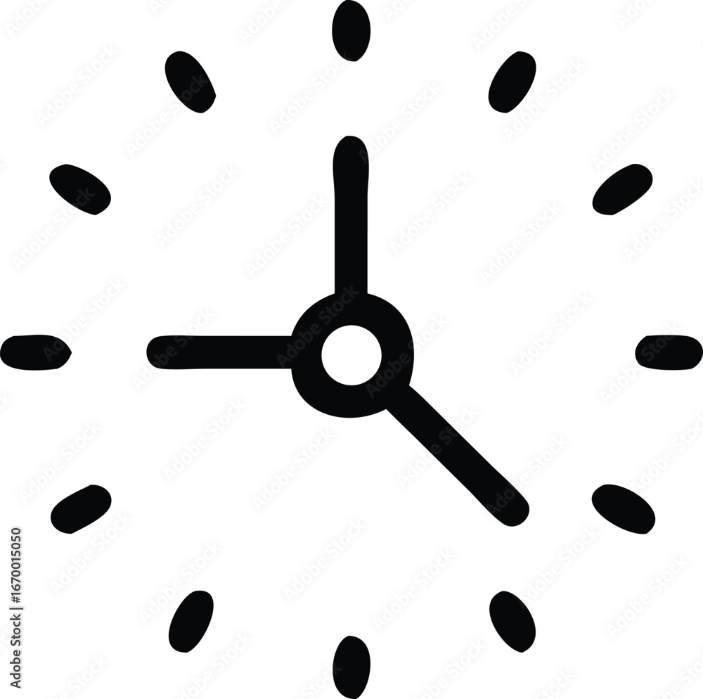 Poster simple minimalist line art icon of a clock face showing approximately nine fifteen with hour and min