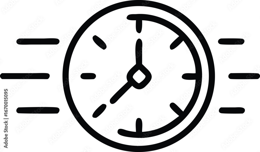 Poster simple black and white line art icon of a clock with motion lines indicating speed or urgency repres