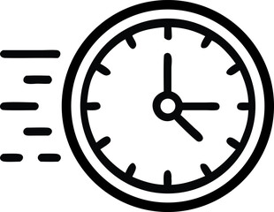 A simple black and white line art icon depicting a clock with motion lines indicating speed and the passage of time