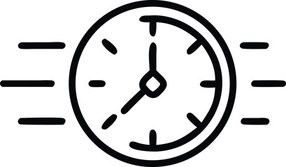 Simple black and white line art icon of a clock with motion lines indicating speed or urgency representing time management and deadlines