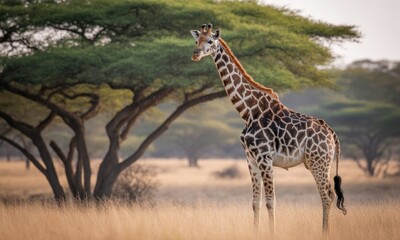 Fototapeta premium Giraffe in golden savanna, lush trees