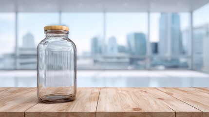 Empty Glass Jar On Light Wooden Table With City View Background