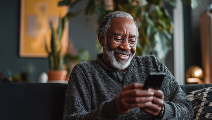 elderly african american man holding a mobile phone in his hands while typing a text message online