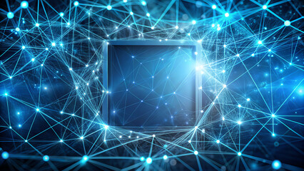 Dynamic digital network with glowing connections representing data flow and technology concepts