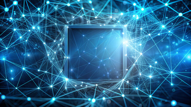Dynamic digital network with glowing connections representing data flow and technology concepts