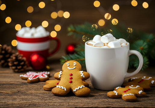 Hot chocolate with marshmallows and gingerbread cookies on wooden table / Cokelat panas dengan marshmallow dan kue jahe di atas meja kayu