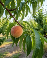 Harvesting a ripe peach from a lush green tree artistic photography in a serene orchard showcasing nature's beauty