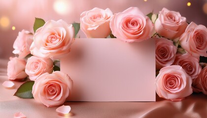 delicate pink roses with blank card elegant setting floral arrangement soft background close up love and appreciation